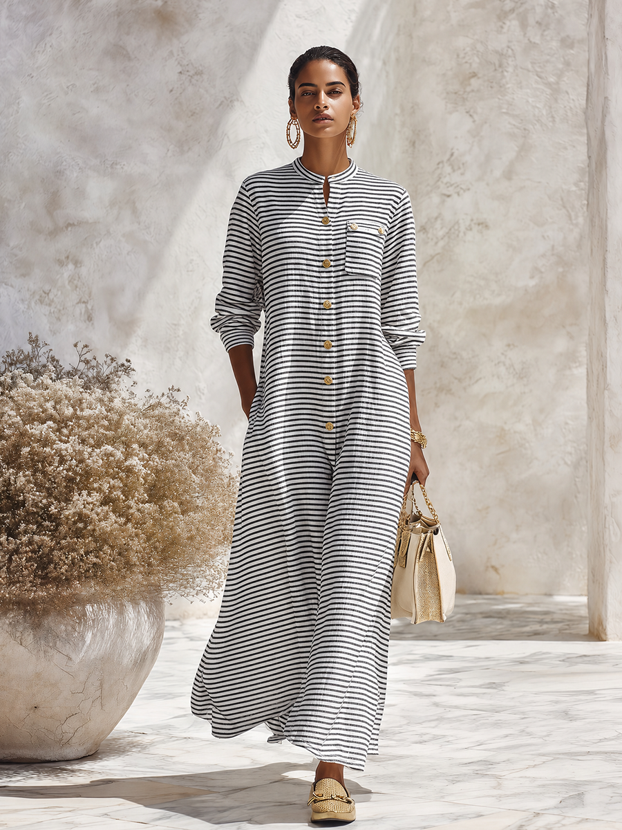 Resort-style Round Neck Long-sleeved Black And White Striped Maxi Dress