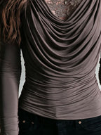 Boho Taupe Lace Mock Neck Draped Cowl Long Sleeve Two-in-One Top
