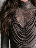 Boho Taupe Lace Mock Neck Draped Cowl Long Sleeve Two-in-One Top