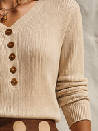 Vacation-style V-neck Long-sleeve Knit Top