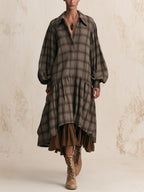 Vintage Plaid Oversized Balloon Sleeve Tiered Shirt Midi Dress