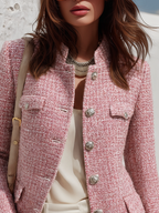 Retro Casual Elegant Stand Collar Multi-pocket Tweed Jacket