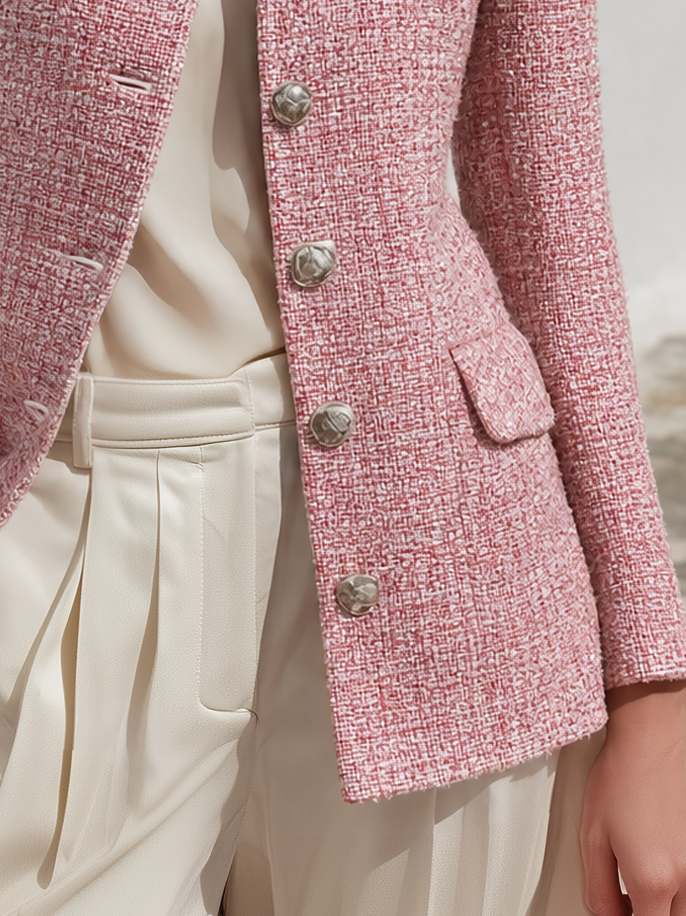 Retro Casual Elegant Stand Collar Multi-pocket Tweed Jacket