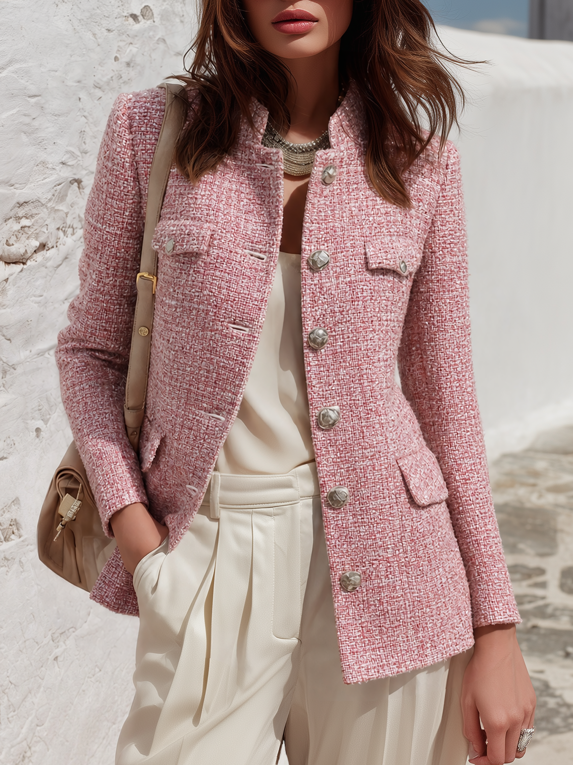 Retro Casual Elegant Stand Collar Multi-pocket Tweed Jacket