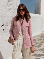 Retro Casual Elegant Stand Collar Multi-pocket Tweed Jacket