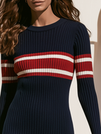 Old Money Long Sleeve Striped Ribbed Knit Navy Mini Dress