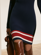 Old Money Long Sleeve Striped Ribbed Knit Navy Mini Dress