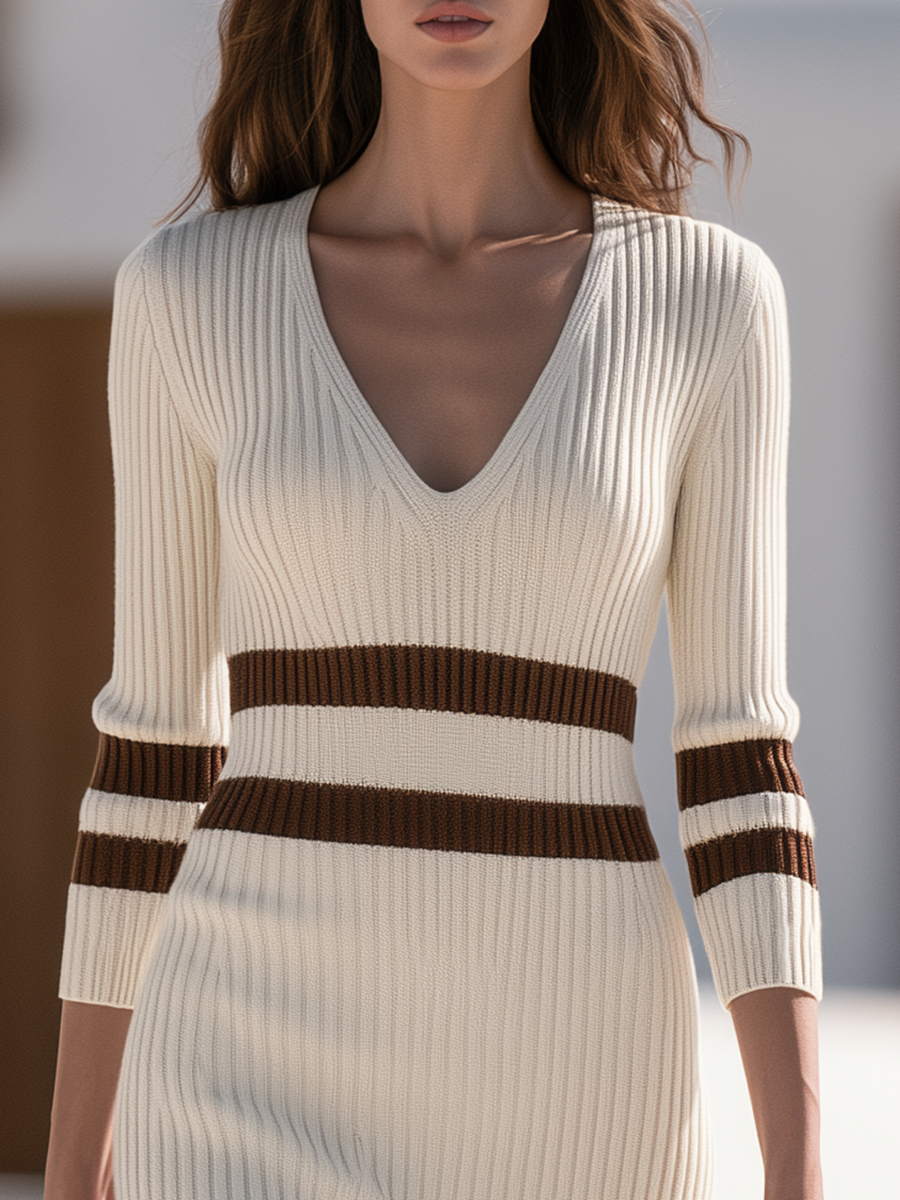 Old Money V-Neck Striped Trim Ribbed Knit Midi Dress