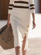 Old Money V-Neck Striped Trim Ribbed Knit Midi Dress