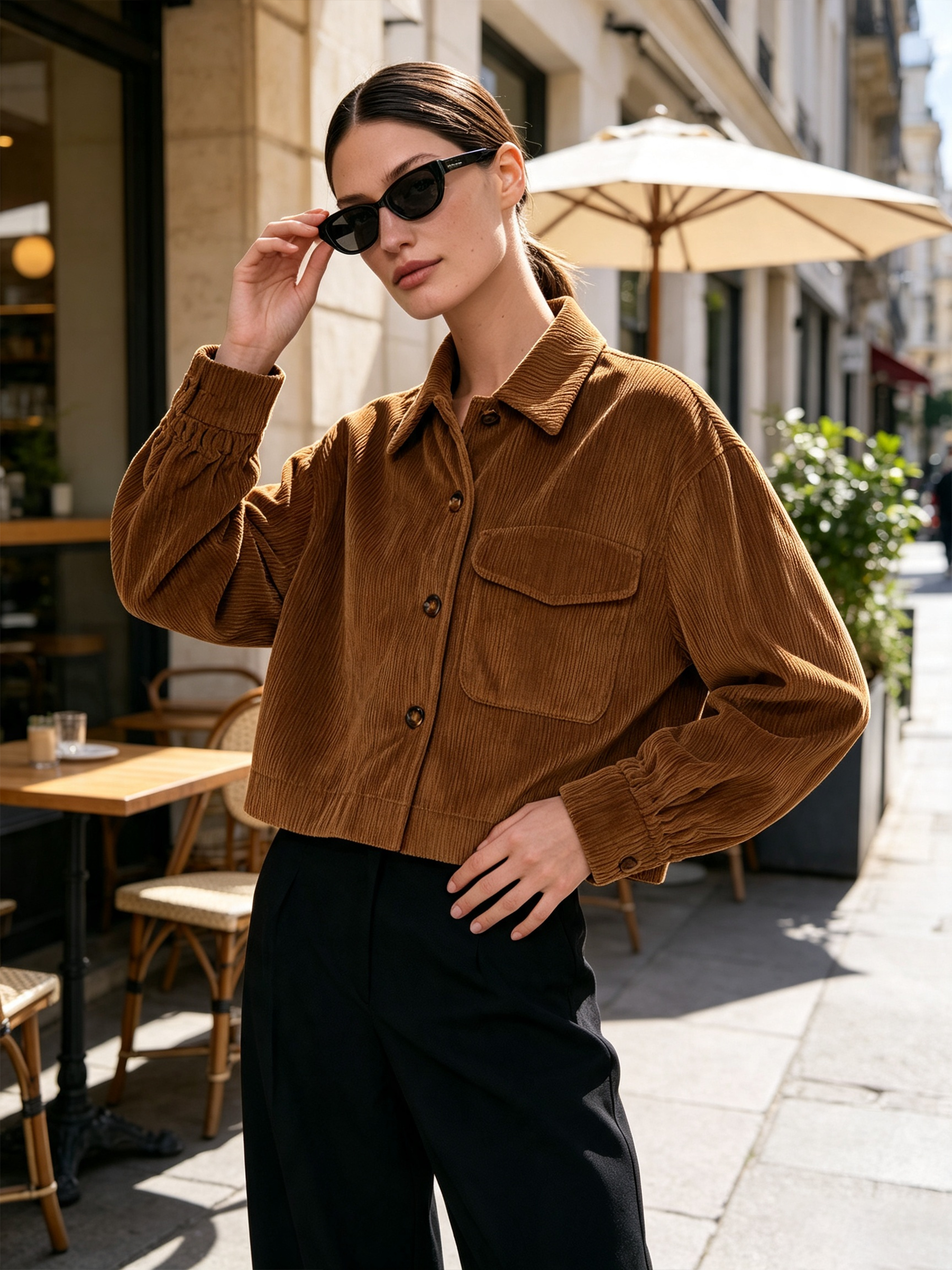 Cropped Corduroy Button Front Shirt Jacket