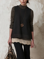 Striped Turtleneck Top & Knit Lace Hem Vest Two-Piece Set