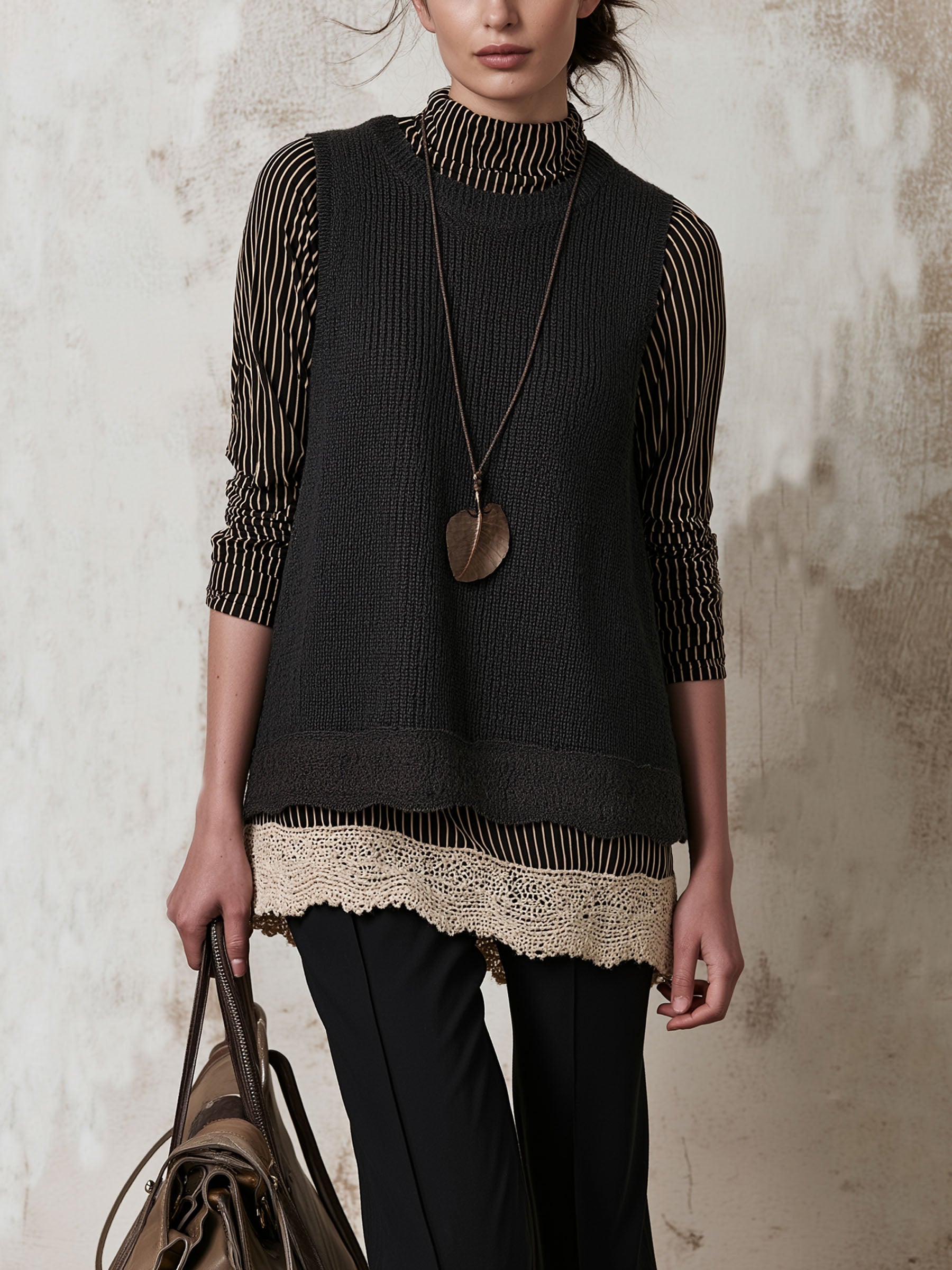 Striped Turtleneck Top & Knit Lace Hem Vest Two-Piece Set