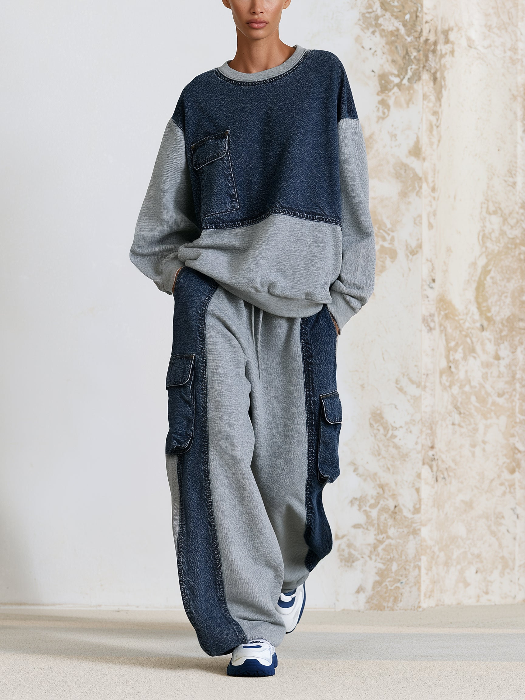 Women’s Denim Contrast Cargo Set – Oversized Sweatshirt & Utility Pants Co-Ord