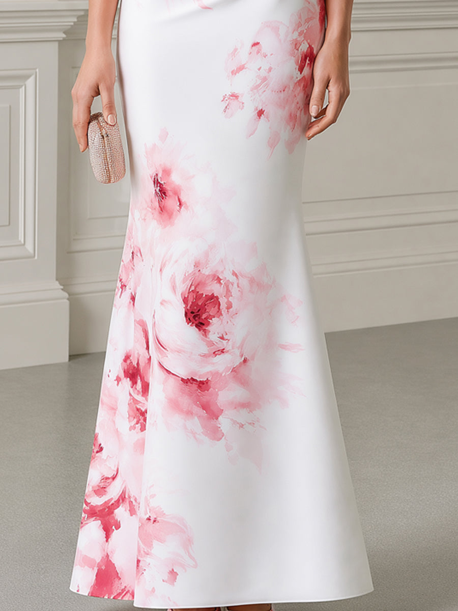 White Pink Floral Print Off-the-Shoulder Mermaid Maxi Dress