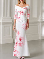 White Pink Floral Print Off-the-Shoulder Mermaid Maxi Dress