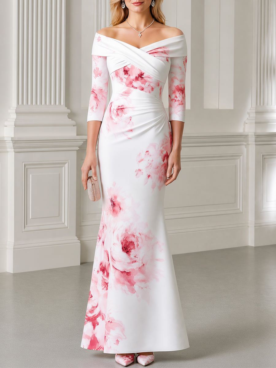 White Pink Floral Print Off-the-Shoulder Mermaid Maxi Dress