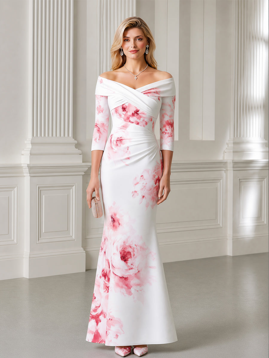 White Pink Floral Print Off-the-Shoulder Mermaid Maxi Dress