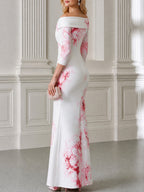 White Pink Floral Print Off-the-Shoulder Mermaid Maxi Dress