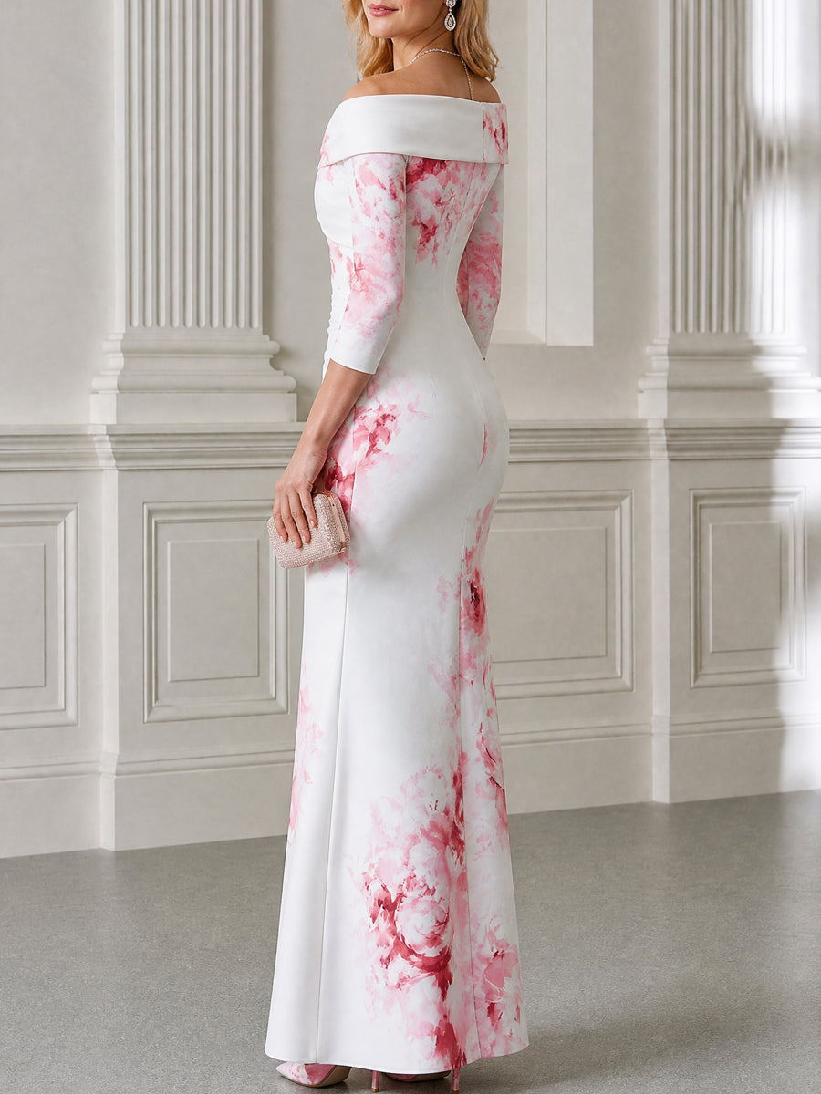 White Pink Floral Print Off-the-Shoulder Mermaid Maxi Dress