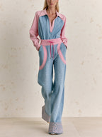 Women’s Color Block Jumpsuit Set – Contrast Polo Top & Wide Leg Pants