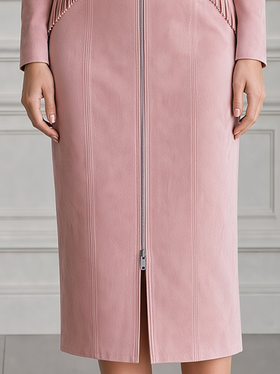 Fringe-Trim Collar Front Zip Sheath Midi Dress