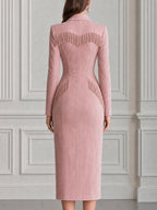 Fringe-Trim Collar Front Zip Sheath Midi Dress