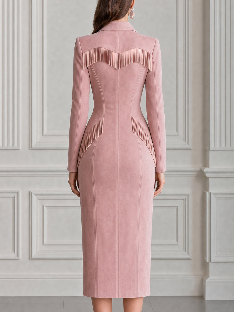 Fringe-Trim Collar Front Zip Sheath Midi Dress