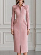 Fringe-Trim Collar Front Zip Sheath Midi Dress