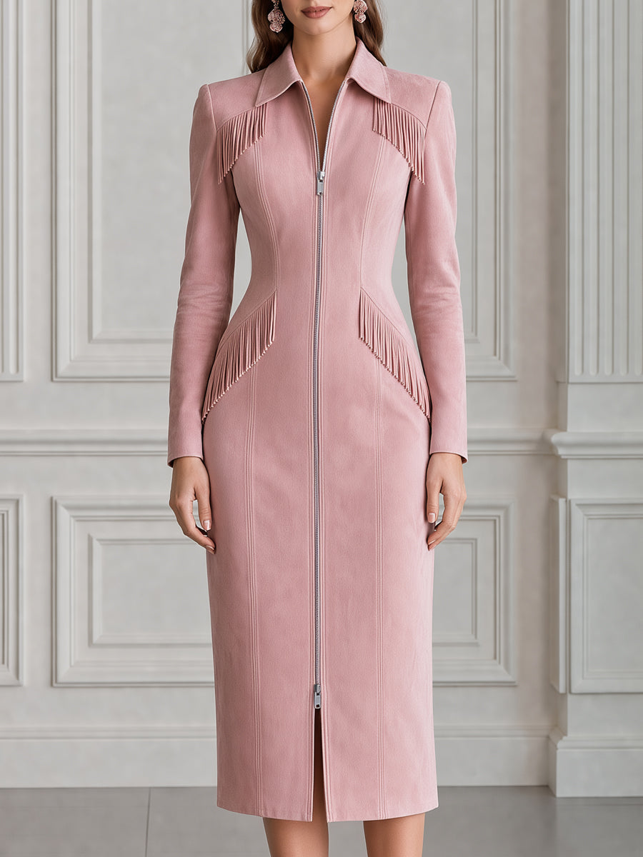Fringe-Trim Collar Front Zip Sheath Midi Dress
