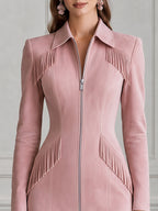 Fringe-Trim Collar Front Zip Sheath Midi Dress