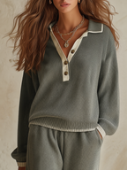Resort-style Collared Long-sleeve Top And Trousers Knit Set
