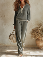 Resort-style Collared Long-sleeve Top And Trousers Knit Set