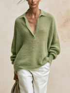 Women’s Sage Green Fuzzy Knit Pullover – Relaxed Fit V-Neck Collared Sweater