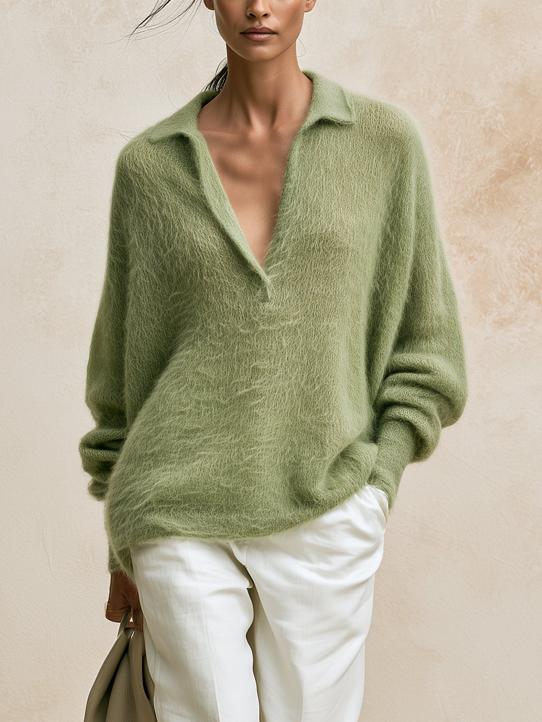 Women’s Sage Green Fuzzy Knit Pullover – Relaxed Fit V-Neck Collared Sweater