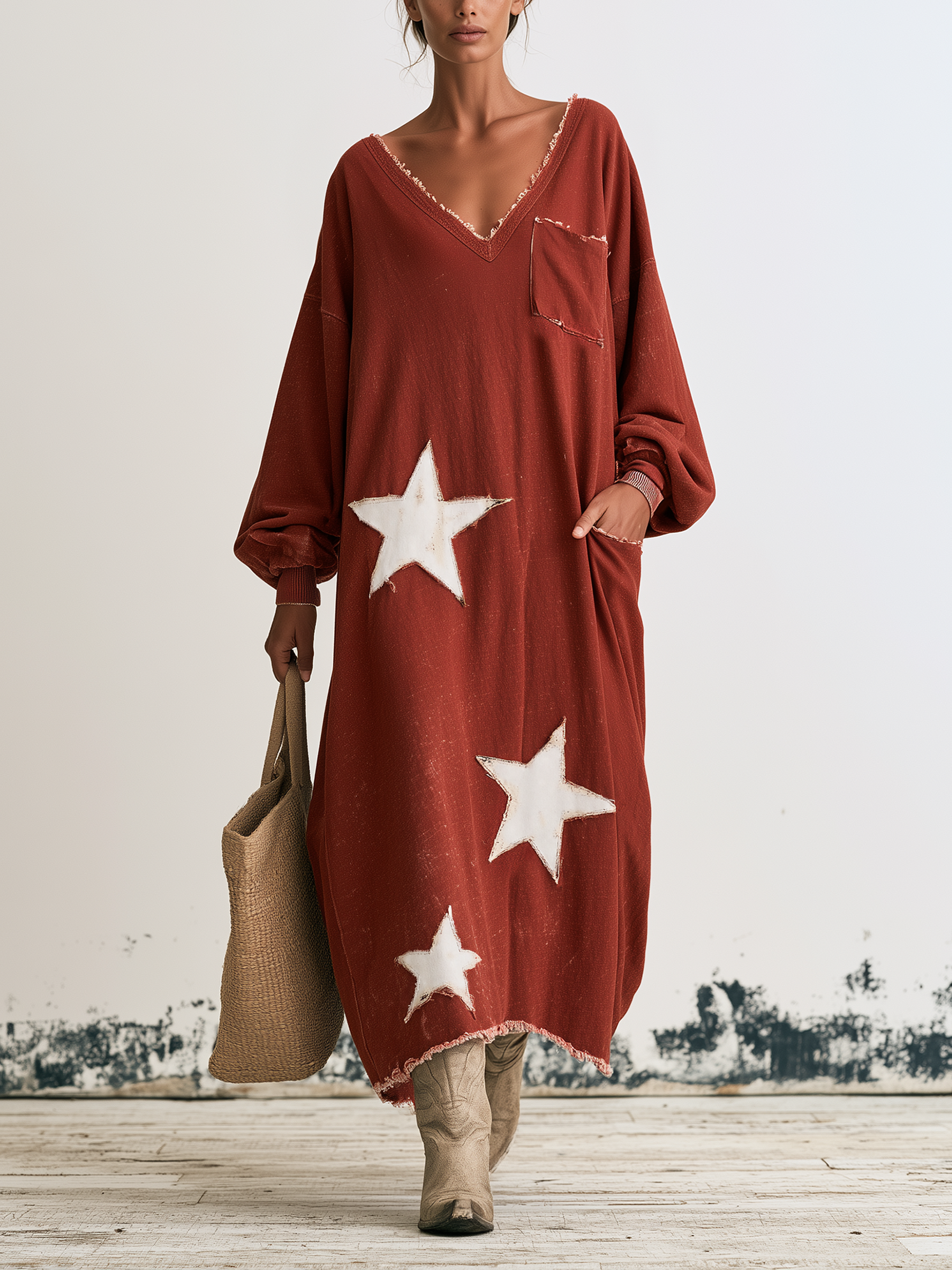 Star Power Vintage Washed V-Neck Oversized Maxi Sweatshirt Dress