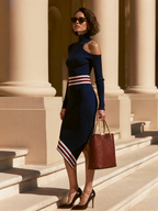 Old Money Luxury Cold-Shoulder Color-Block Navy Ribbed Knit Midi Dress