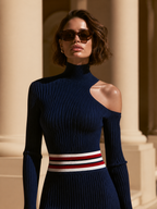 Old Money Luxury Cold-Shoulder Color-Block Navy Ribbed Knit Midi Dress