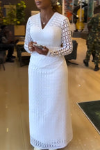 Women's V-neck Patchwork Hollow Waist Elegant Temperament Dress