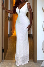 Women's Low Necked Waist Cinched Rhinestone Chain Dinner Party Style Dress