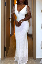 Women's Low Necked Waist Cinched Rhinestone Chain Dinner Party Style Dress