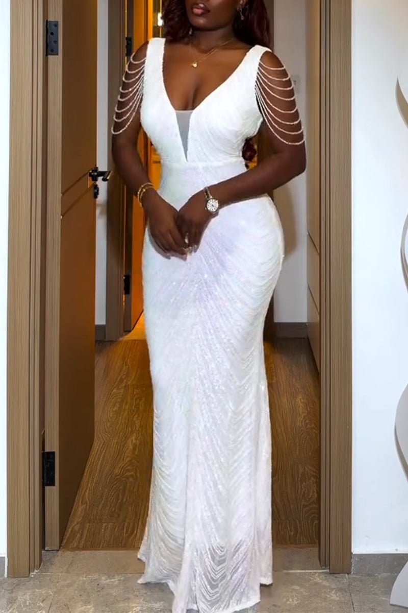 Women's Low Necked Waist Cinched Rhinestone Chain Dinner Party Style Dress
