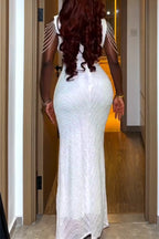 Women's Low Necked Waist Cinched Rhinestone Chain Dinner Party Style Dress