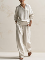 Title: Women’s Contrast Stud V-Neck Sweatshirt & Cargo Jogger Set