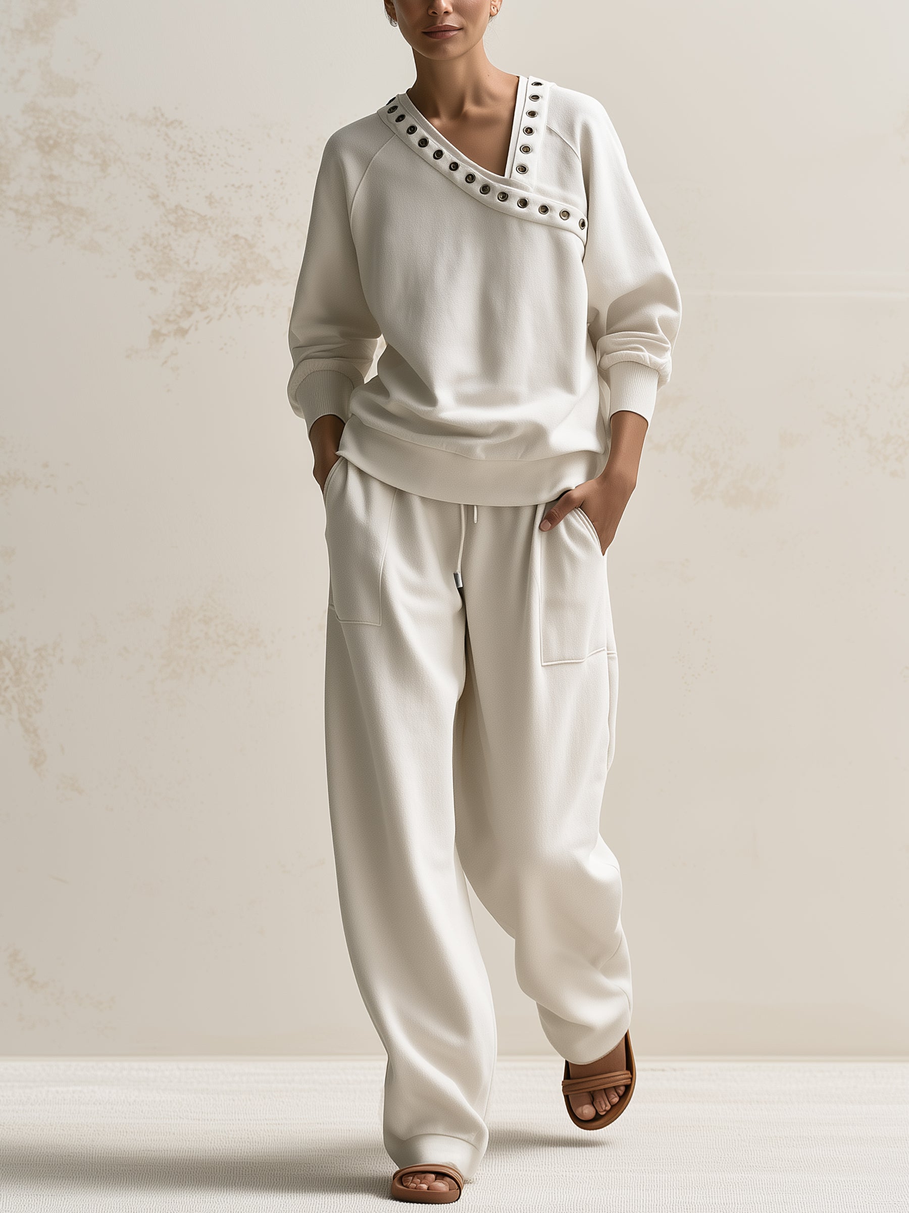 Title: Women’s Contrast Stud V-Neck Sweatshirt & Cargo Jogger Set