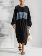 Women’s Color Block Midi Sweatshirt Dress – Loose Fit Long Sleeve Casual Dress