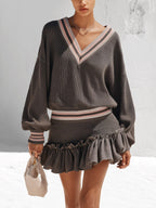 Women’s Striped V-Neck Knit Sweater & Ruffle Mini Skirt Set – Relaxed Two-Piece Outfit