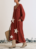 Star Power Vintage Washed V-Neck Oversized Maxi Sweatshirt Dress