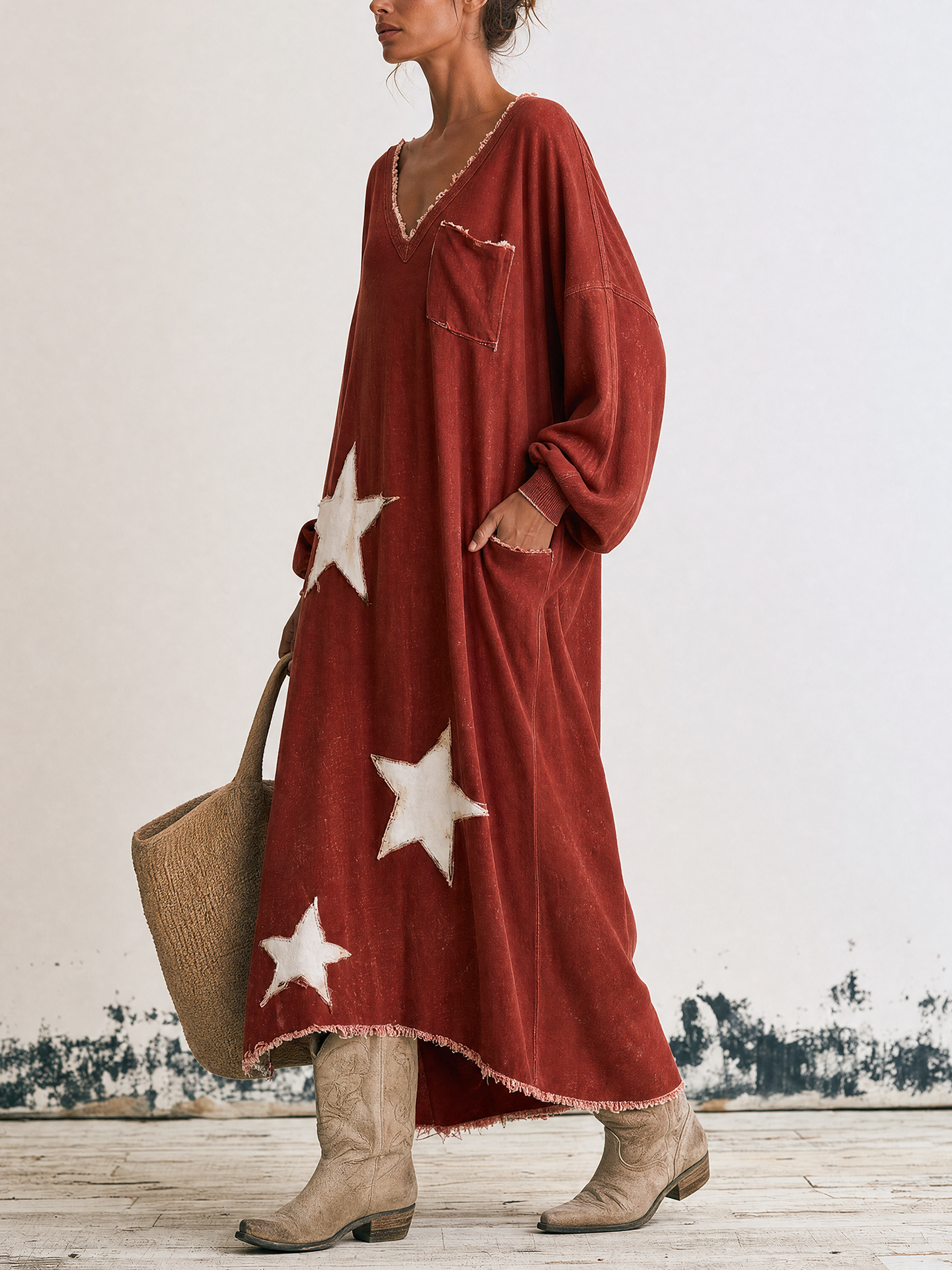 Star Power Vintage Washed V-Neck Oversized Maxi Sweatshirt Dress