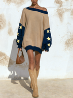 Beige Navy Color‑Block Off‑Shoulder Star Patch Oversized Mini Sweatshirt Dress