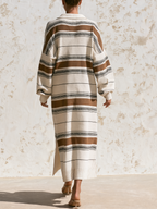 Brown White Horizontal Stripe Polo Collar Oversized Cotton Maxi Dress